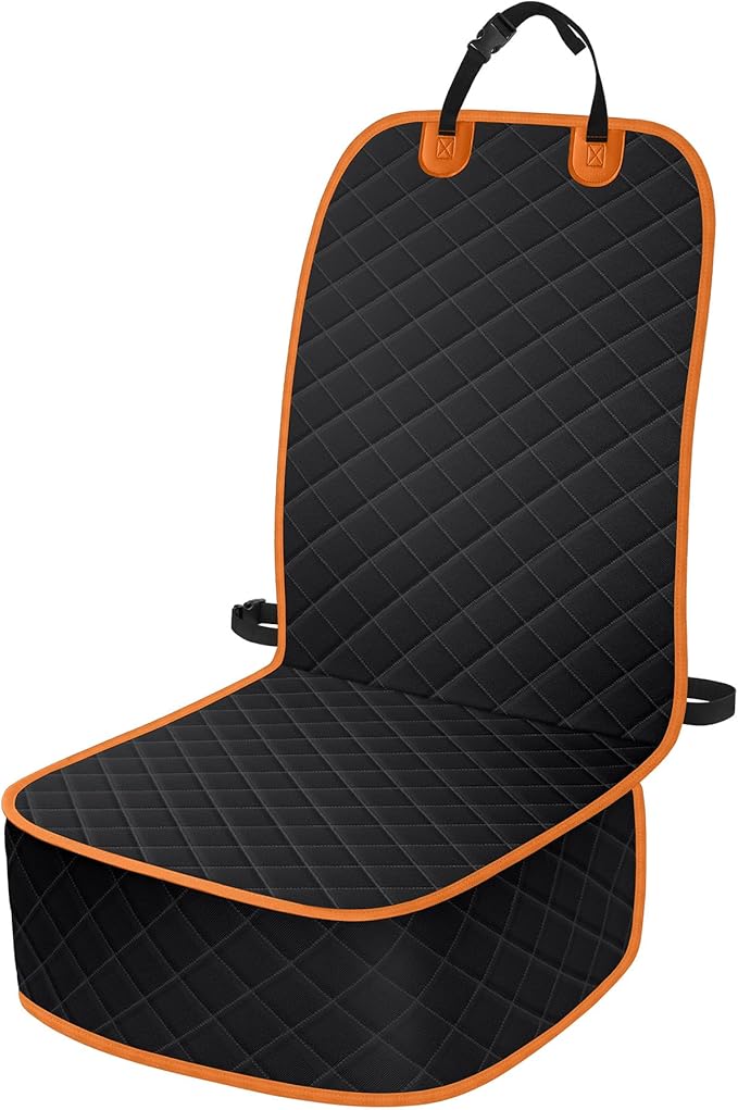 Dog Car Seat Covers, Waterproof Front Seat Cover for Dogs, Scratch-Proof, Nonslip Pet Passenger Seat Cover Protector, Universal Fit for Cars Trucks SUVs, Standard Size, Black with Orange