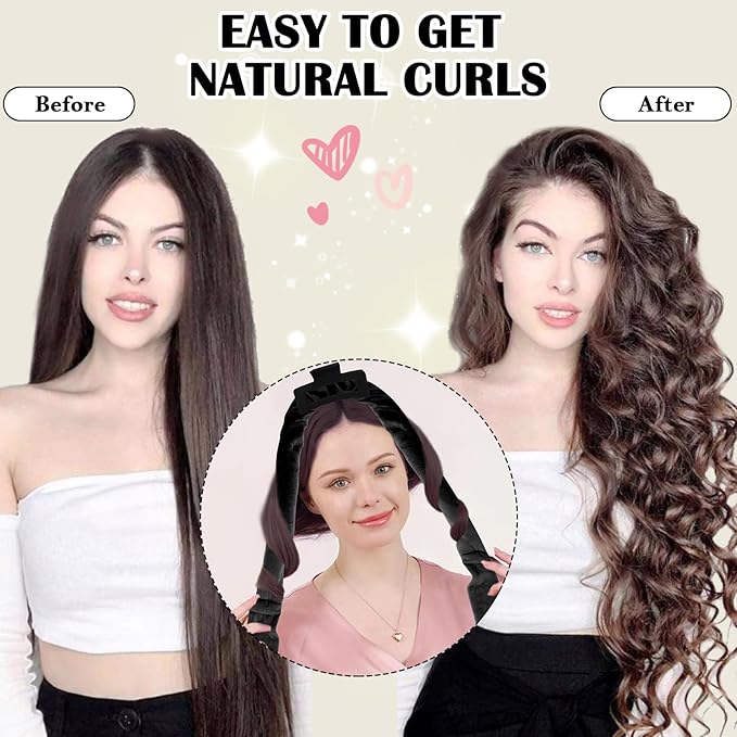 ZILAMPU No Heat Overnight Hair Curlers for Women - 70" Soft Headband Wrap with 9 Hair Rollers for Long Wavy Curls, Gift Set - Black
