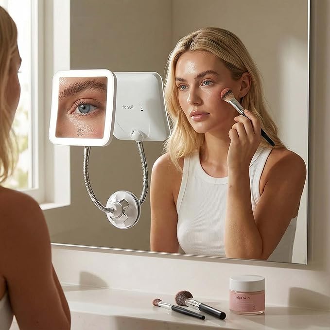 Fancii 10x Flexible Magnifying Mirror with 3 LED Light Settings, Rechargeable - Gooseneck Lighted Makeup Mirror for Bathroom, Locking Suction Mount, Cordless, 360° Rotatable (Mira 2 Plus)