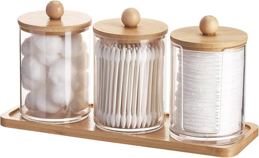 Tbestmax 10 oz Qtip Holder with Vanity Tray, 3 Pack Cotton Swab/Ball/Pad Dispenser Apothecary Jar, Clear Bathroom Containers Dispenser for Storage Bamboo Lids