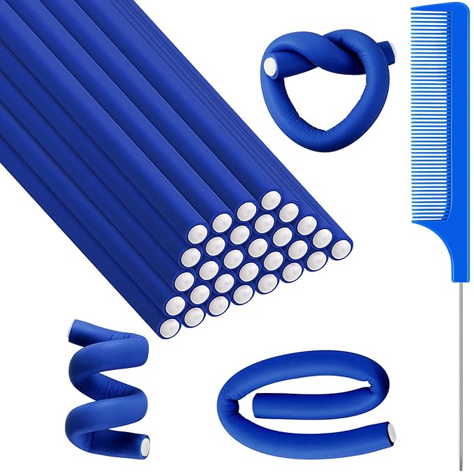 Syhood 30 Pcs 7'' Flexible Curling Rods Twist Foam Hair Rollers Soft Foam No Heat Hair Rods Rollers and 1 Steel Pintail Comb Rat Tail Comb for Women Long Short Hair(Navy Blue,7 x 0.3 Inch)