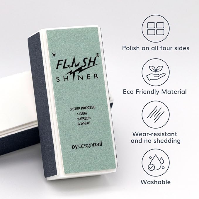 Flash Shiner® Block – 3-Way Nail Buffer – Pack of 4 – Professional Nail Buffer for Natural Shine – Smooths, Conditions & Polishes – Manicure Tool for Home or Salon Use