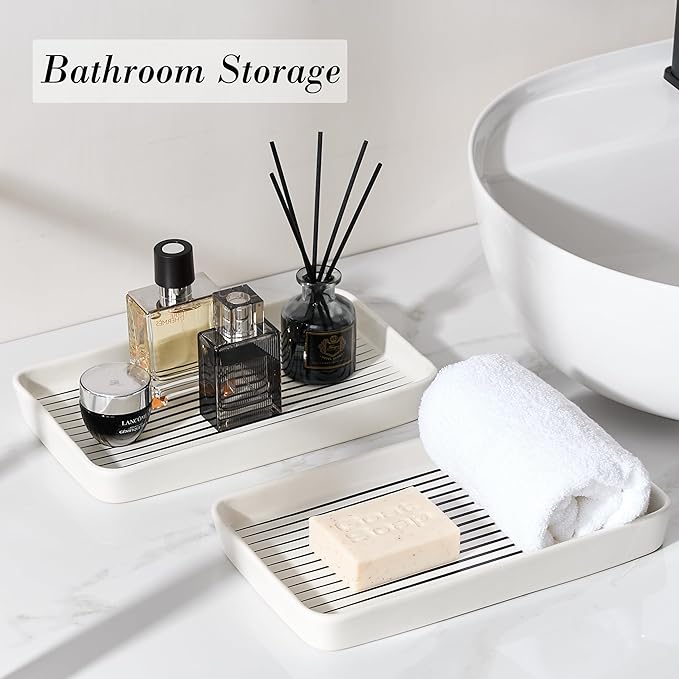 Pottify Bathroom Vanity Tray for Countertop,2PC Rectangle Striped Tray,Decorative Bathroom Organizer for Scrubber, Lotion Bottles, Perfume, Jewelry, Candle, Key Trinket Ring(Large,White)