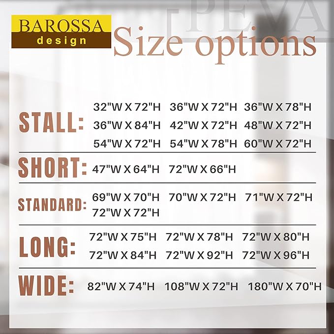 Barossa Design Short Shower Curtain or Liner with 6 Weighted Magnets, 72 x 66 inch Length, Heavy Duty PEVA, Waterproof, PVC Free, 12 Metal Grommets, Clear, 72x66
