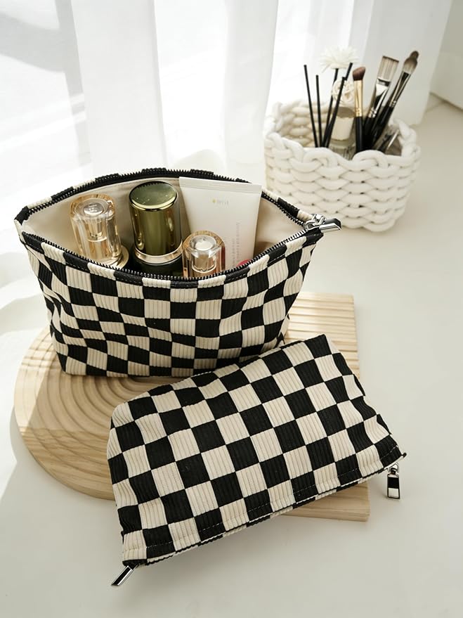 Black and White Checkered Makeup Bag Set of 2, Corduroy Cosmetic Pouch for Women, Travel Toiletry Bag with Zipper