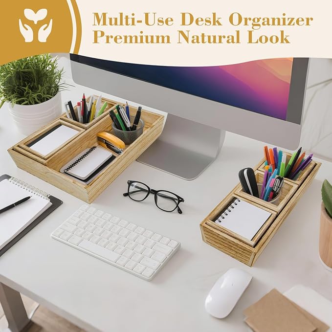 Rustic 8 Piece Wood Desk Drawer Organizer Tray, Nightstand Organizer, 4 Size Wooden Drawer Divider Organizer Set For Office Vanity Makeup Jewelry Bedroom Clothes Storage(Natural)