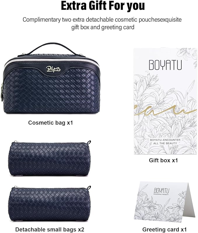 BOYATU Travel Makeup Bag Cosmetic Bags for Women: Large Capacity 3 Pcs Set Make up Bag with Compartments - Waterproof Vegan Leather Toiletry Organizer Bags with Handle (L34 Dark Blue)