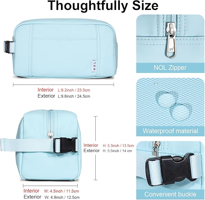 NOL Natural Organic Lifestyle Nylon Waterproof Makeup Bag Lightweight Travel Toiletry Bag for Adults, Reusable, Zip Closure with Buckle Handle, Snack Bag, Travel Cosmetic Bag,Light blue