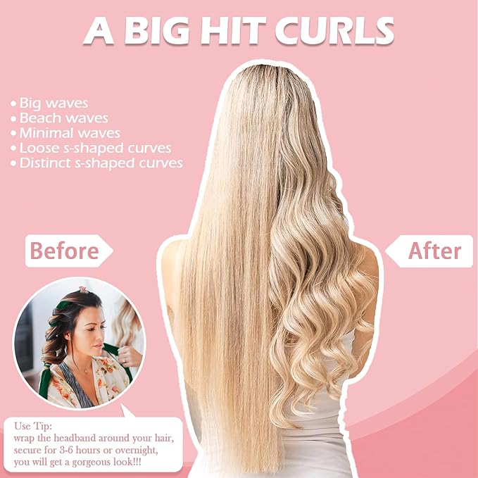 Heatless Curls Overnight Headband, 70'' No Heat Hair Curlers with Hair Bonnet for Sleeping, Light Pink