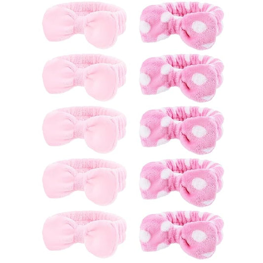 10 Pack Pink Bow Skincare Headbands - Plush Spa Headbands for Women & Girls with Polka Dot & Solid Designs for Valentine's Day, Skincare, Yoga, and Party Favors