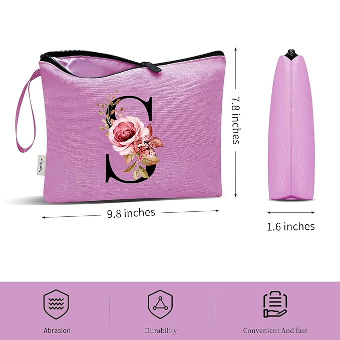 Vavabox A-Z Personalized Makeup Bag, Birthday Gifts for Women Mom, Gifts for Best Friend, Bride Bridesmaid Cosmetic bag (S, Purple)