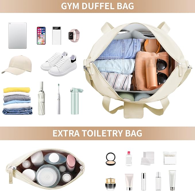 ETRONIK Gym Bag for Women, 45L Carry On Travel Duffel Bag with Shoes Compartment, Weekender Overnight Bag with Wet Pocket & USB Charging Port for Women, Travel, Gym, Weekend, Large Size (Beige)