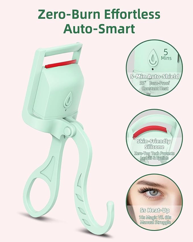 Heated Eyelash Curler, 5s Fast Heating Electric Eyelash Curler, Safe Anti-Burn Eyelash Curlers with Silicone Pad, Type-C Quick Charge, Intelligent Temp Control, 24H Long-Lasting Curls (Green)