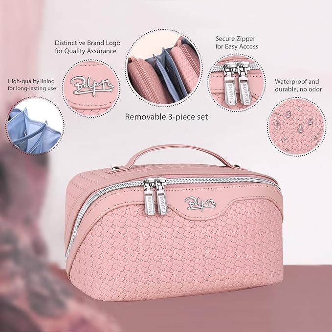 BOYATU Travel Makeup Bag Cosmetic Bags for Women: Large Capacity 3 Pcs Set Make up Bag with Compartments - Waterproof Vegan Leather Toiletry Organizer Bags with Handle (L17 Pink)