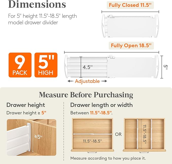 Lifewit 5" Tall 9 Pack Deep Drawer Dividers, 30 –47cm/11.5-18.5" Expandable Drawer Divider for Clothes, White Dresser Drawer Storage Organizers, Clothing Drawers Separators for Dresser Kitchen Bedroom