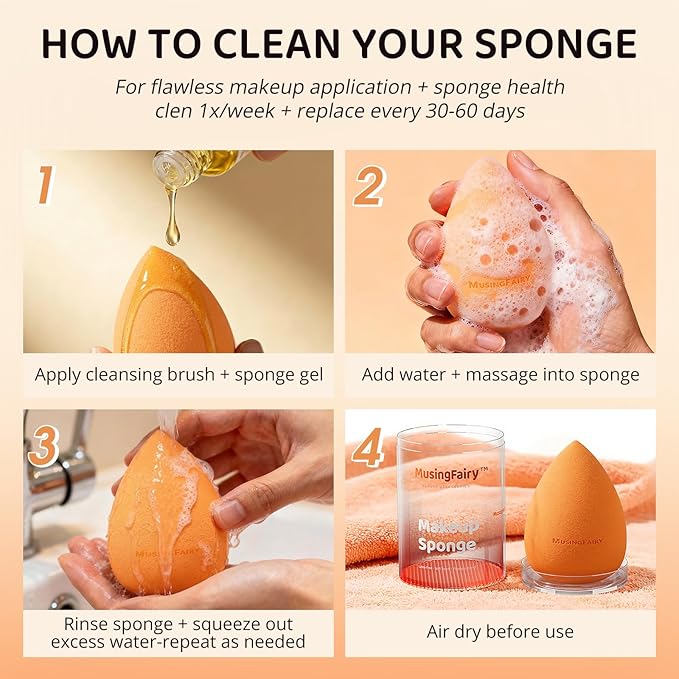 Makeup Blending Sponge with Travel-Friendly Acrylic Holder,Latex-Free Beauty Blender for Flawless Matte Finish, Easy to Clean,Orange 1 Pack