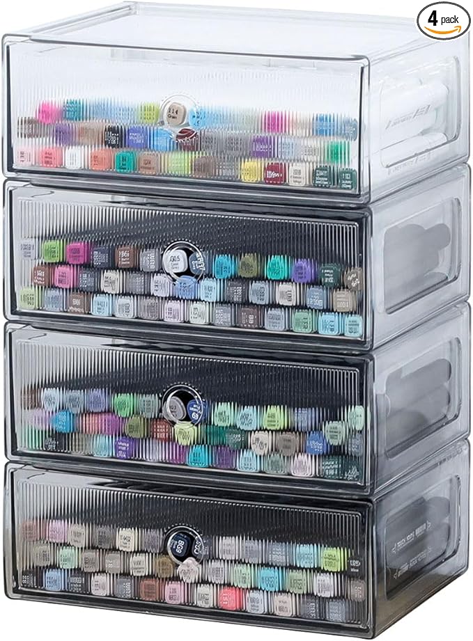 Clear Drawer Organizers for Office, Plastic Storage Box for Art Supplies, Marker Pen, School Stationery, Colored Pencils, Kitchen Accessories, Stackable Bathroom Makeup Container, 4 Drawers
