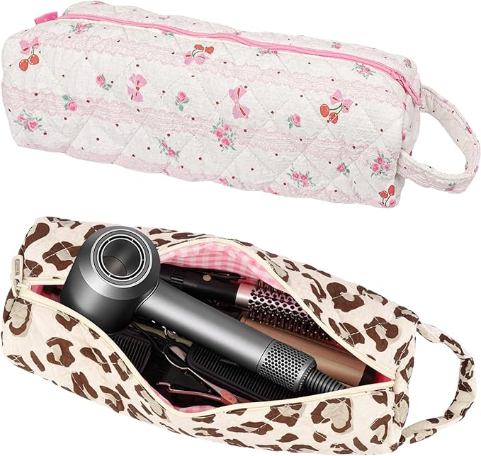 2PCS Portable Quilted Hair Tools Travel Bag for Curling Irons, Flat Irons, Hair Dryers & Styling Tools – Travel Case for Shark Airwrap, Revlon, Large Styling Tool Storage Case