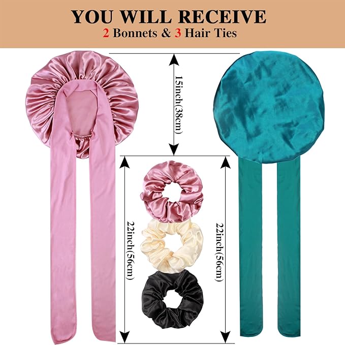 2+3 Large Satin Bonnets with Scrunchies for Women, Hair Bonnet Sleeping Tie Bonnet for Braids Curly Hair