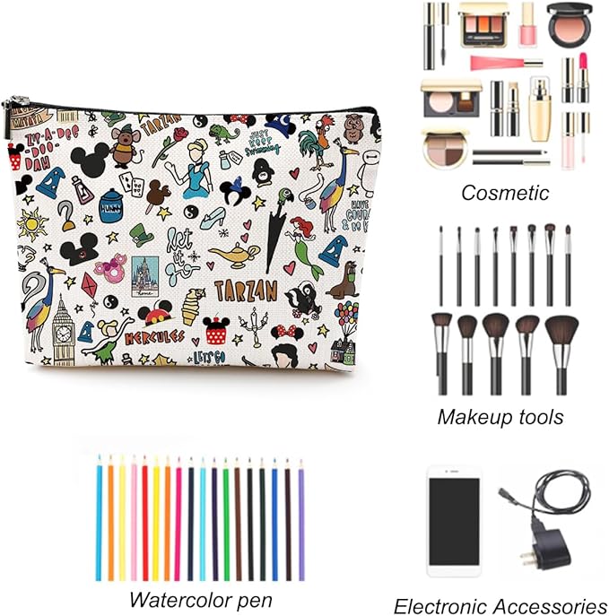 Magic Kingdom Gift Fairytale Fans Cosmetic Bag Movie Characters Collage Makeup Bag Fairy Tales Gifts Cartoon Character Lover Gift Mouse Travel Toiletry Makeup Organizer Zipper Pouch