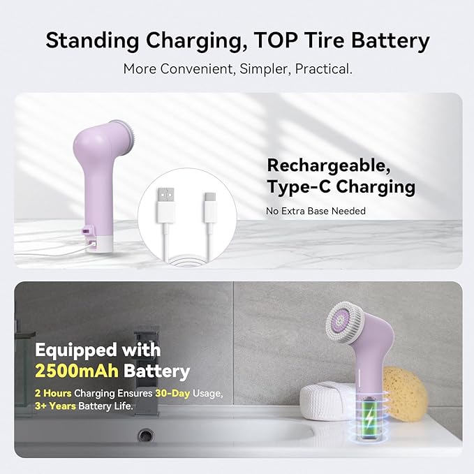 PURTIF Electric Facial Cleansing Brush,Rechargeable Silicone Face Scrubber exfoliator,3 Speeds,Waterproof, Exfoliating & Massage,for Women Men Skincare, Romantic lavender Birthday Valentine's Day gift
