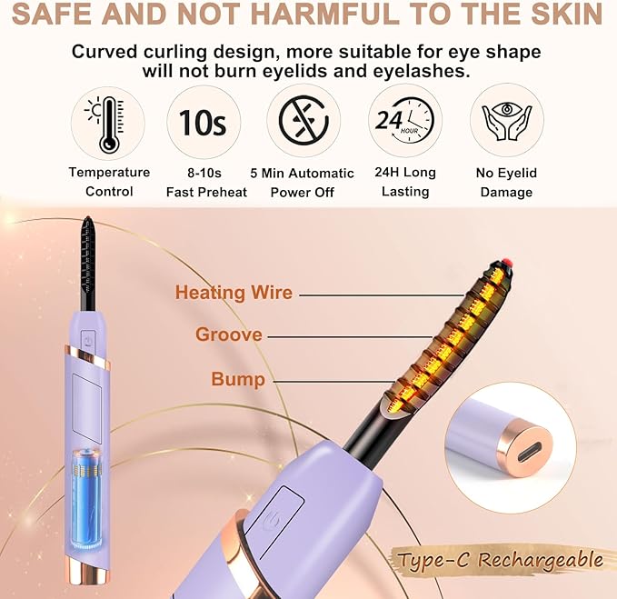 Heated Eyelash Curler, Electric Eyelash Curler, Rechargeable Lash Curler for Makeup Natural Curling Eye Lashes and 24 Hours Long Lasting - Purple 2026 Updated New Model-P2
