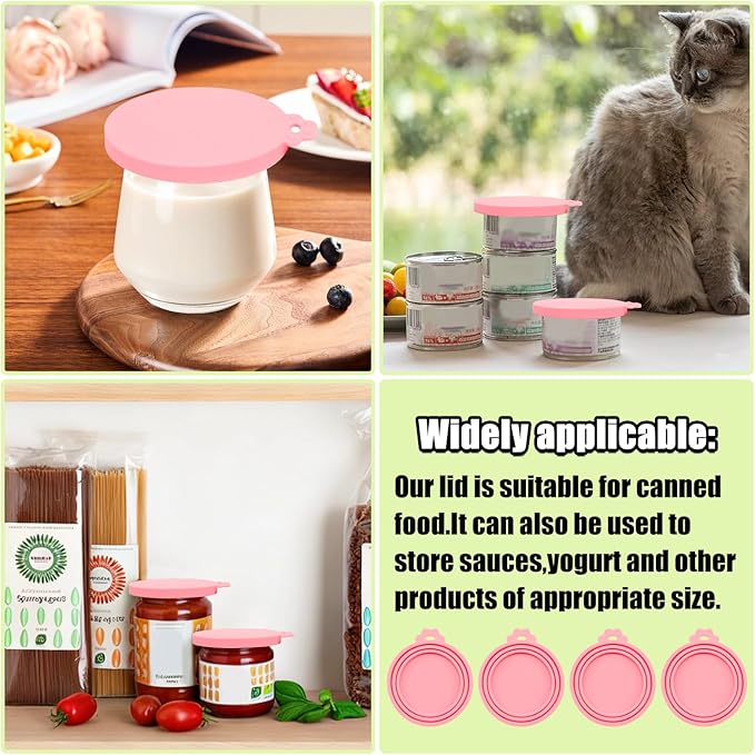 PINE & LINEN 4 Pcs Durable Pet Can Lids,One fit 3 Standard Size Silicone Waterproof Cat Food Cans Lids for 3oz/5.5oz/12.5oz/13.2oz Cat Food Cans（ Pink）