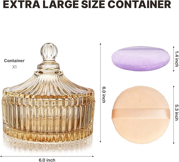 3 PCS Extra Large Body Powder Puff and Container - 6 In Glass Dusting Powder Container with Puff, Body Powder Puff for Women Soft Washable Reusable Fluffy Makeup Wet Dry (Amber)