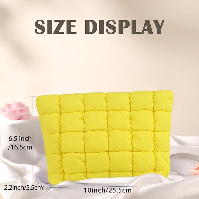 Puffy Quilted Makeup Bag, Cosmetic Bag, Travel Toiletry Organizer Pouch, Clutch for Women (Yellow)