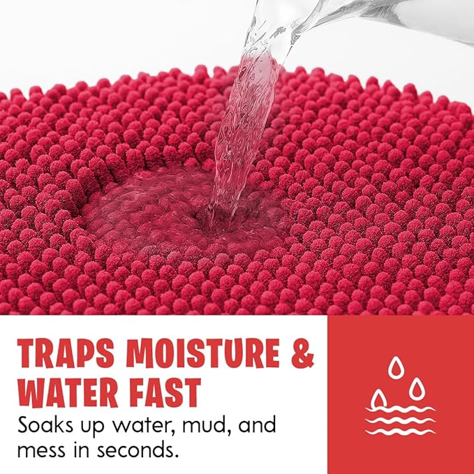 MudGuard Mat™ Dog Door Mat for Muddy Paws, Super Absorbent Microfiber, Non-Slip Indoor Mat, Quick Dry Chenille Mud Mat for Dogs & Entryway, Washable, Red 36" x 60"
