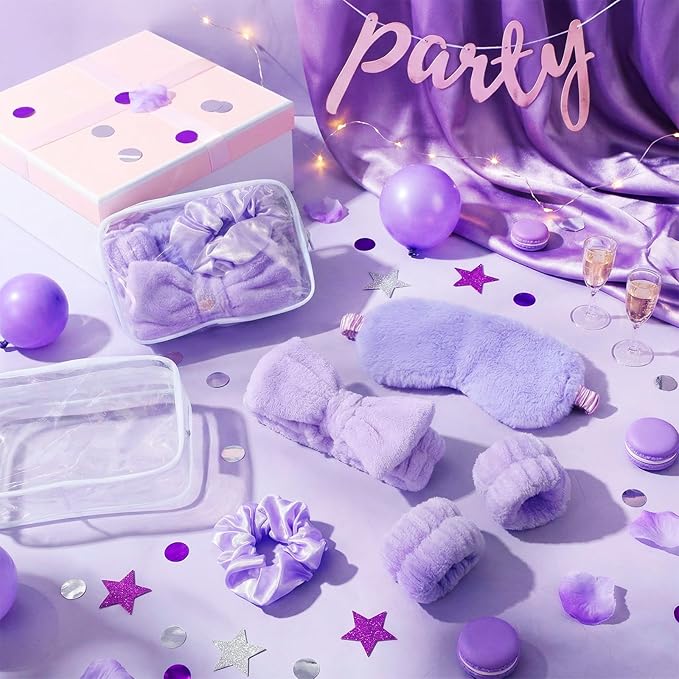 Hoteam 10 Pcs Galentine Spa Party Supplies Valentine Gift Set Sleepover Party Favor Spa Headband Wristband Sleep Eye Mask Velvet Scrunchies for Skin Care Makeup Slumber Night Favor(Light Purple)