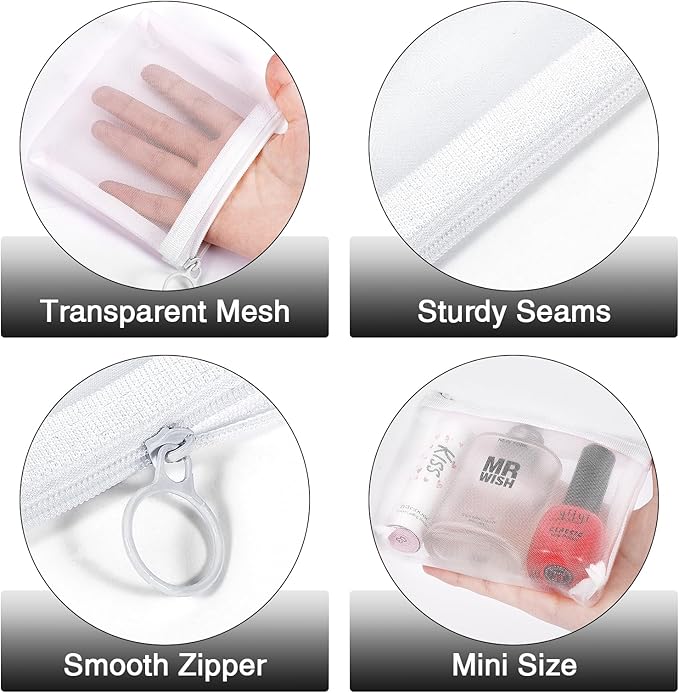8 Pack Mini Zipper Mesh Makeup Bags, Nylon Cosmetic Bags Toiletry Purse Travel Organizer Bags Inside Bag for Office Travel Organization (Widened-White, S)