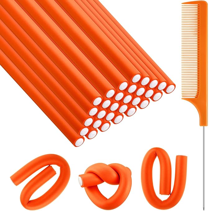 Syhood 30 Pieces Flexible Curling Rods, Soft Foam No Heat Hair Rollers and 1 Steel Pintail Comb for Women Girls Long and Short Hair, Orange