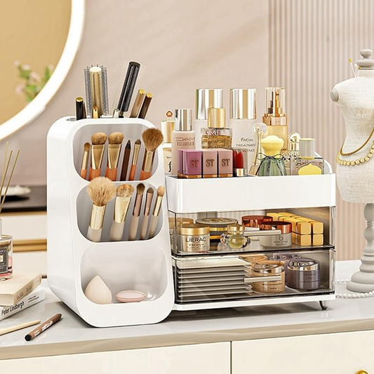 Makeup Organizer with Drawers,Large Capacity Countertop Organizer for Vanity,Bathroom and Bedroom Desk Cosmetics Organizer,Easy To Storage Skincare,Brushes, Eyeshadow, Lotions, Lipstick (White)