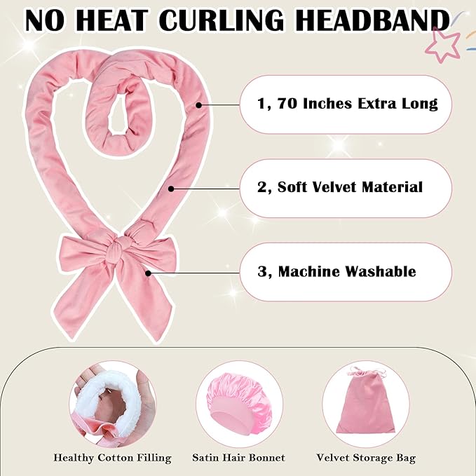 ZILAMPU No Heat Overnight Curl Headband, 70" Soft Wave Hair Rollers for Long Hair, 9 PCS Hair Curling Rods Gift Set - Pink