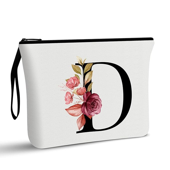 Vavabox A-Z Personalized Makeup Bag, Birthday Gifts for Women Mom, Gifts for Best Friend, Bride Bridesmaid Cosmetic bag (D, White)
