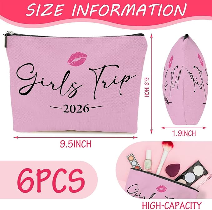6 PCS Girls Trip Gifts: Makeup Bag, Cosmetic Bag, Weekender Bag for Women - Waterproof Nylon, Perfect for Travel, Toiletry, Easter, Mother's Day, Nurses' Day