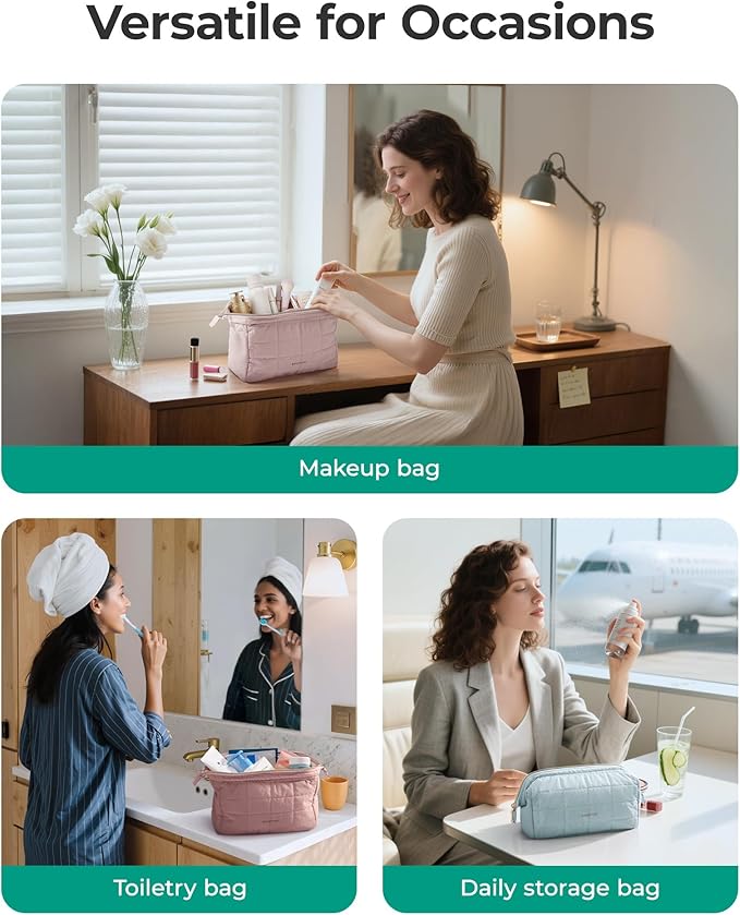 BAGSMART Makeup Bag Travel Toiletry Bag, Puffy Padded Make Up Bags for Women Makeup Organizer Case, Wide-open Pouch Purse Travel Essentials Toiletries Accessories Brushes, Strip Khaki Brown