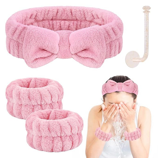Face Wash Headband Set with Microfiber Wristbands and Holder - Absorbent Spa Wrist Scrunchies for Cleansing