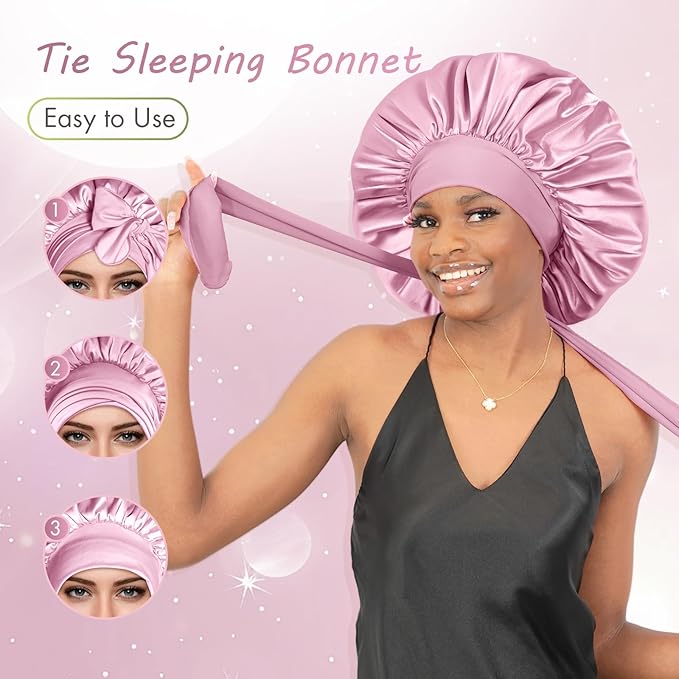 BONNET QUEEN Large Satin Bonnet Silk Bonnet for Sleeping Women Hair Bonnet Big Bonnet Night Sleep Cap Scarf Wrap for Curly Hair with Tie Band Rose Gold