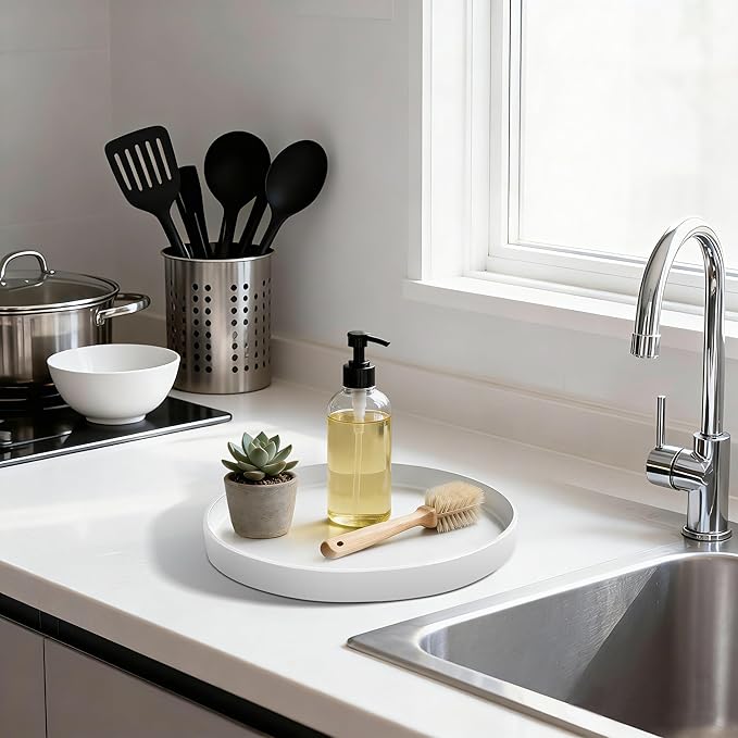 2 Pack 8" Bathroom and Vanity Tray, ABS Bathroom Counter Organizer， Coffee Table Decor for Perfume, Candles, Keys &More. Kitchen Countertop Organizer, Decorative Tray Soap Holder, White