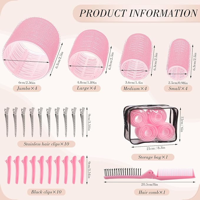 Obeoby 4 Sizes Rollers Hair Curlers for Women, 38 Pcs Set Hair Rollers Heatless 25mm 36mm 48mm 60mm Self Grip Hair Rollers with Clips, Curlers for Long Short Thick Thin Hair Bangs, Pink