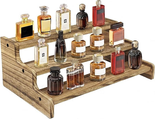 Wooden Cologne Organizer for Men, Perfume Organizer Stand, Cologne Stand with Anti-Slip Washers, Wooden Display Risers Stand for Dessert, Cupcake, Charcoal-Grilled, 3-tier-13.8in