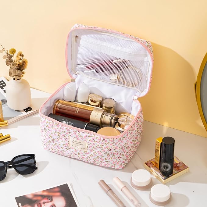 Makeup Bag for Women Quilted Cotton Make Up Bag Travel Cosmetic Bag Large Makeup Bag Cute Makeup Bags Organizer Floral Toiletry Bag Makeup Pouch for Purse, Pink Floral A-1PCS