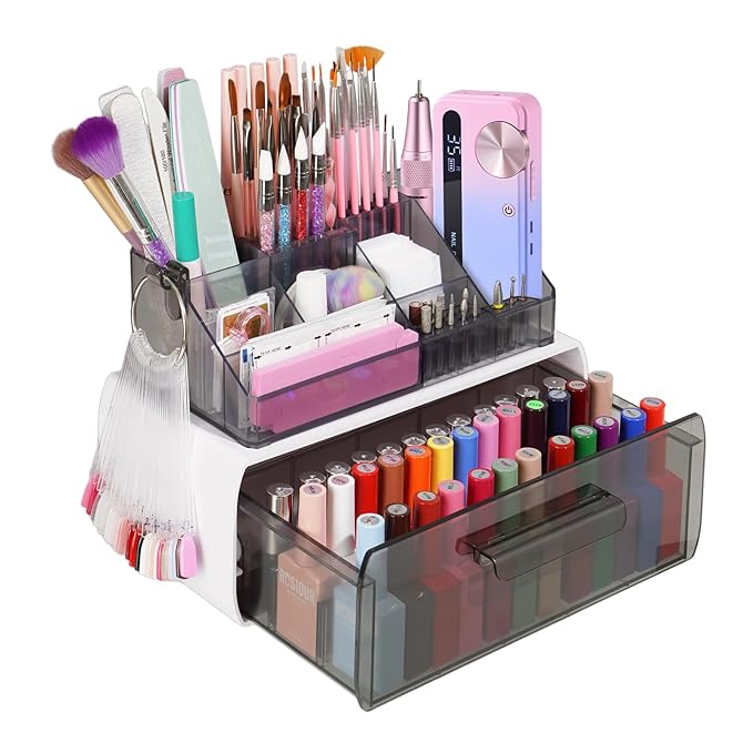 Nail Drill Polish Holder Stand- 2 Layers Nail Polish Storage Drawer- Professional 13 Holes Nail Drill Bits Holder & 40 Holes Nail Brush Pens Organizer Case Storage Box for Manicure Tools