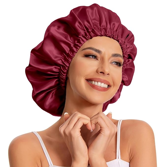 Satin Bonnet Silk Bonnet Hair Bonnet for Sleeping-Slouchy Beanie Hat Satin Sleep Cap for Women's Natural & Curly Hair(Black&Red)