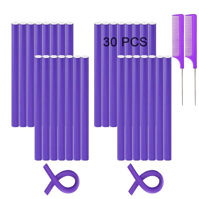 9.45"x 0.55" Flexible Curling Flexirods, 30Pcs Heatless Bendy Foam Rods for Long, Medium, Short Hair Curls - Purple