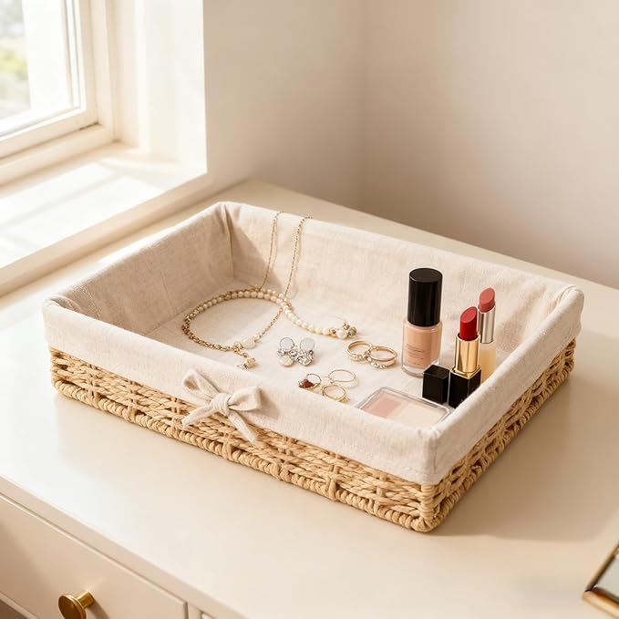 4PCS Wicker Storage Baskets Hand-woven Baskets for Shelves Rattan Basket for Bathroom Storage with Lining Decorative Rectangle Shelf Baskets Set for Pantry Kitchen Bedroom