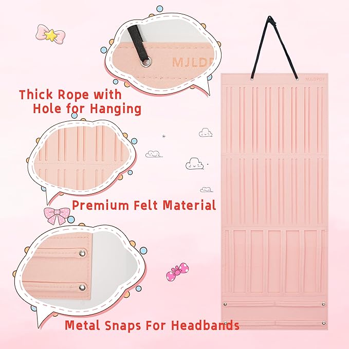 MJLDPOY Hair Bow Organizer for Girls, Baby Hair Clips Holder Wall Hanging, Large Felt Bow Storage Display for Girls Hair Bows & Claw Clips, Ribbons, Headbands – Nursery Room Decor (Pink)