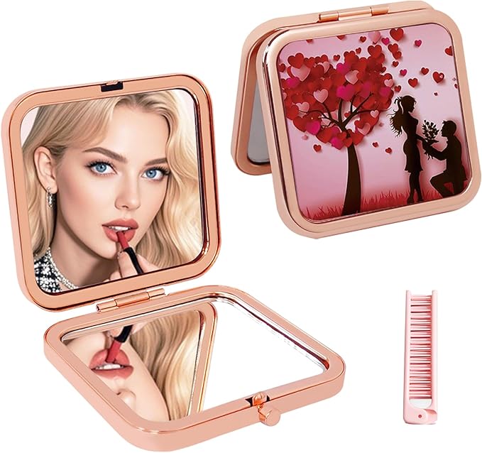 Romantic Love Heart Compact Mirror for Women, Portable Folding 2X Magnifying Makeup Mirror with Proposal Silhouette Design, Rose Gold Travel Pocket Mirror for Purse, Valentine's Day Gift